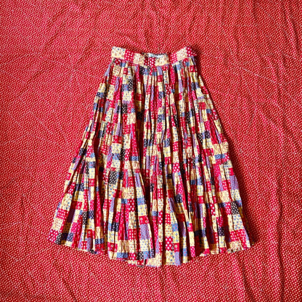 Vintage 1950s Arizona Original cotton Patchwork Print Tiered Maxi Skirt Red Blue